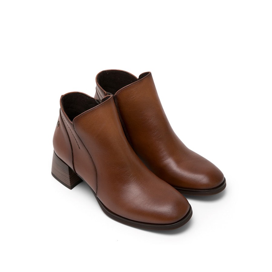 Ankle Boots MISWEAR | Brown Leather Low-Heel Boots With V-Cut