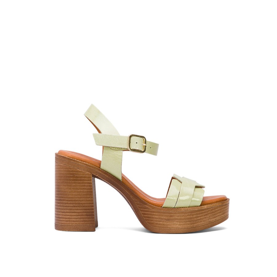 Heels MISWEAR | Pearl Green Leather Block Heel Sandals With Braided Strap