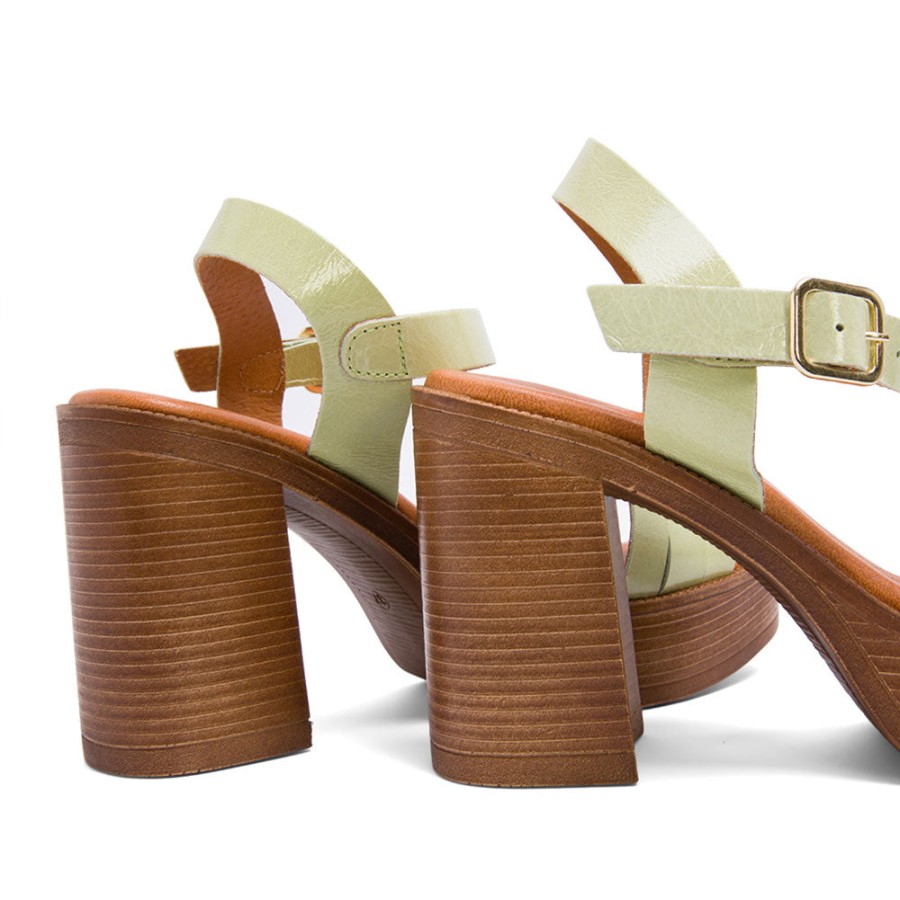 Heels MISWEAR | Pearl Green Leather Block Heel Sandals With Braided Strap