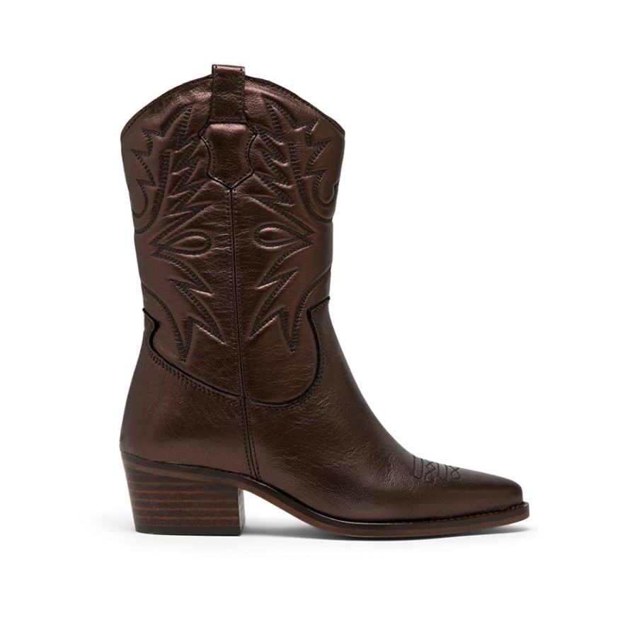 Boots LOL | Antique Bronze Leather Mid-Calf Boots With Motif