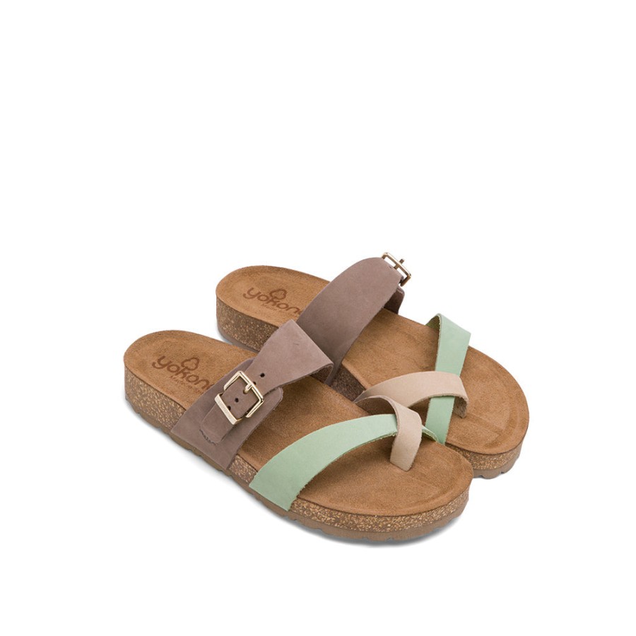 Sandals YOKONO | Pale Green Leather Slide Sandals With Buckle Strap