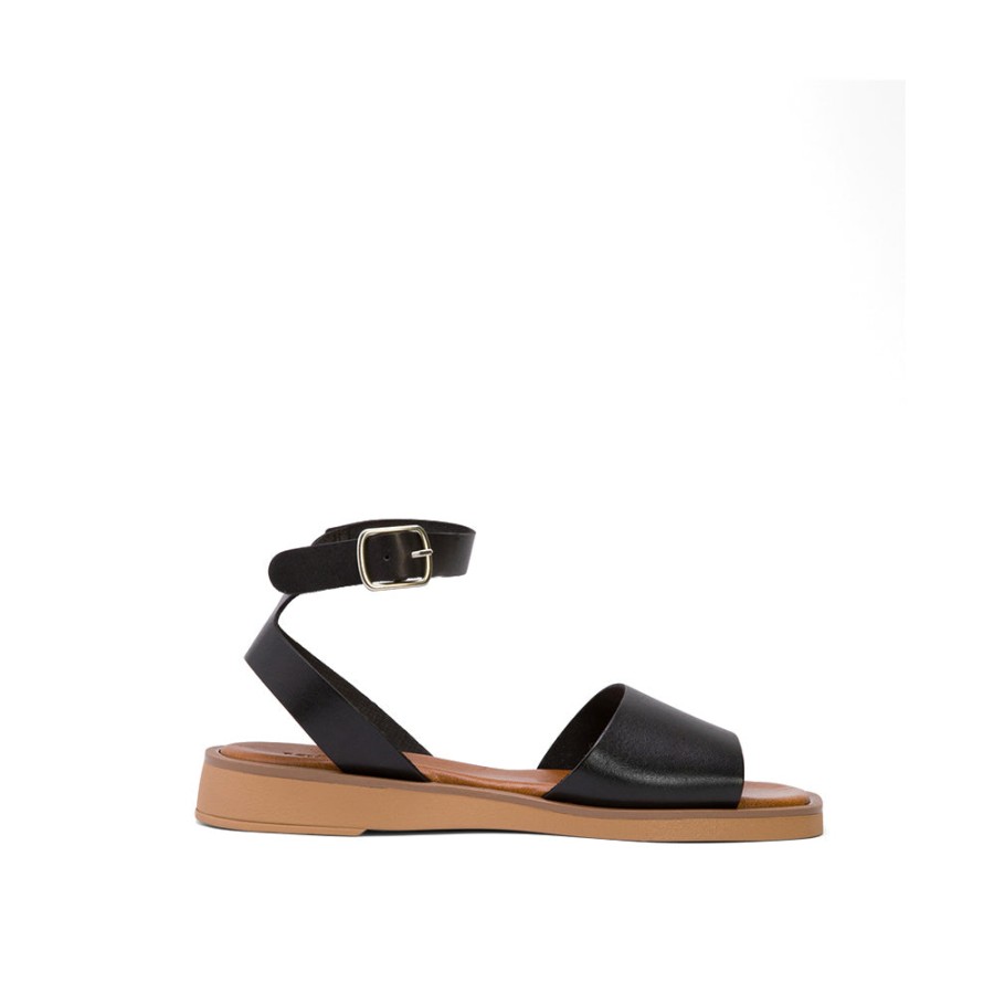 Sandals MISWEAR | Black Leather Flat Sandals With Buckle Up