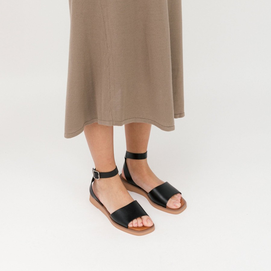 Sandals MISWEAR | Black Leather Flat Sandals With Buckle Up