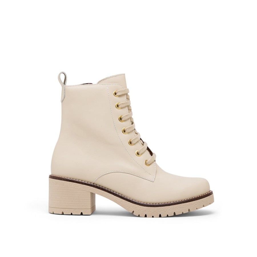 Boots PITILLOS | Cream Leather Mid Heel Combat Boots