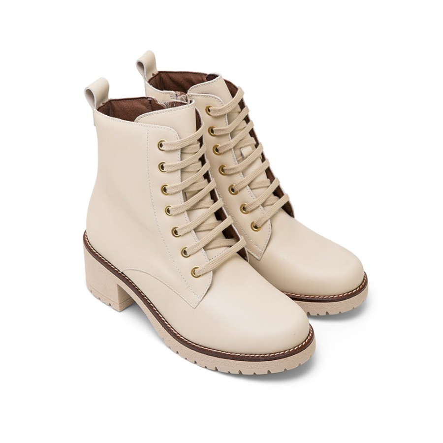 Boots PITILLOS | Cream Leather Mid Heel Combat Boots