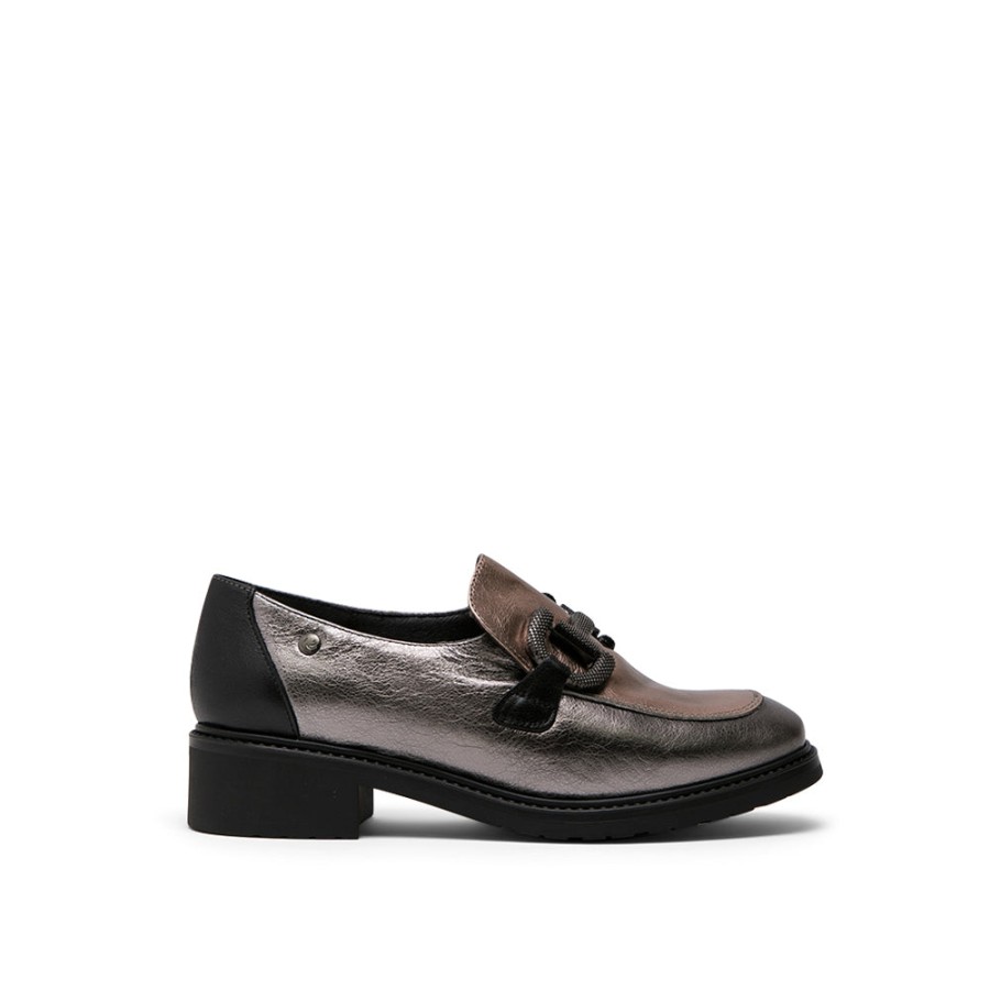 Shoes MISWEAR | Metallic Colorblock Leather Loafers With Horsebit Buckle