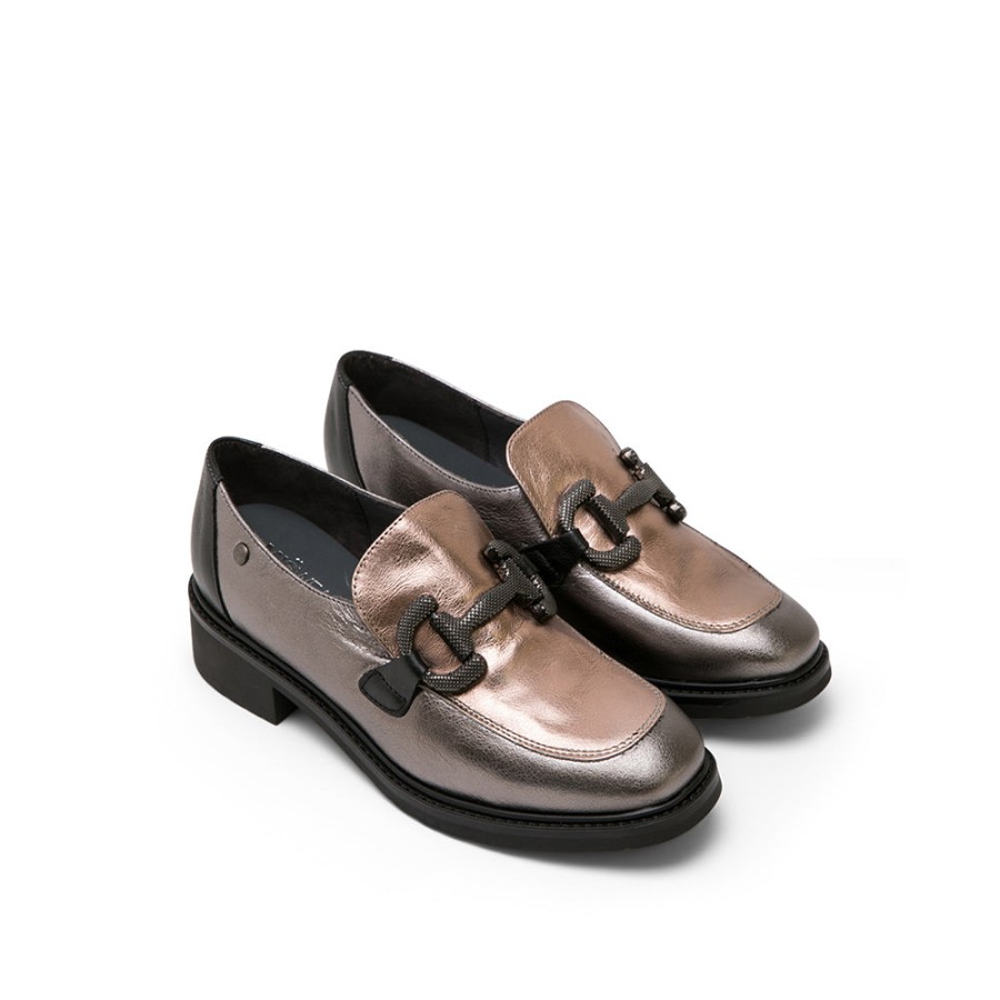 Shoes MISWEAR | Metallic Colorblock Leather Loafers With Horsebit Buckle