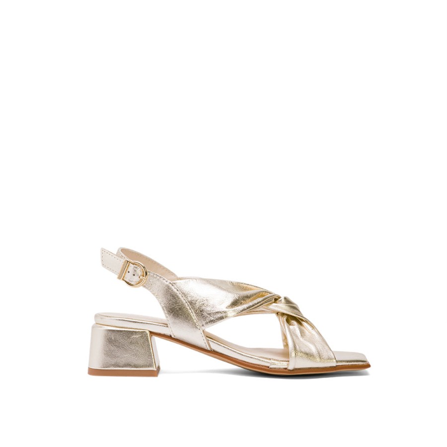 Heels MARLINNA | Platinum Leather Chunky Heeled Sandals With Twist Knot