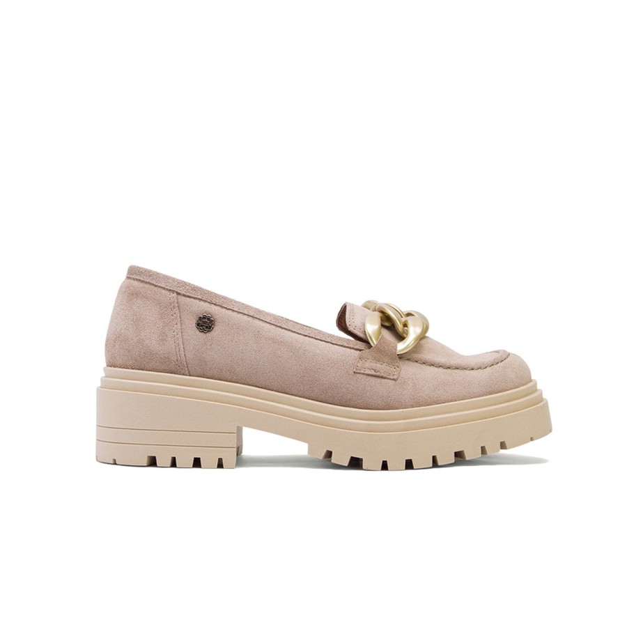 Shoes PORRONET | Sand Suede Mid-Heel Loafer With Chain