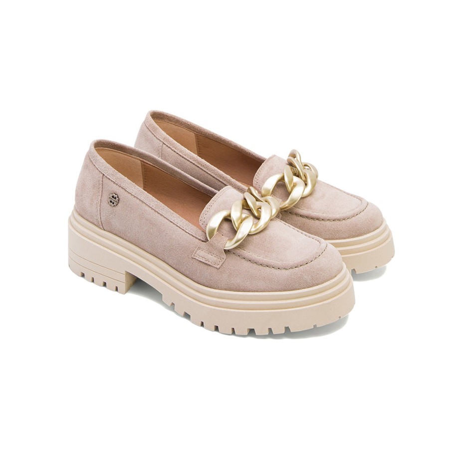 Shoes PORRONET | Sand Suede Mid-Heel Loafer With Chain