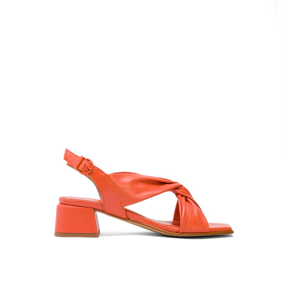 Heels MARLINNA | Orange Leather Chunky Heeled Sandals With Twist Knot