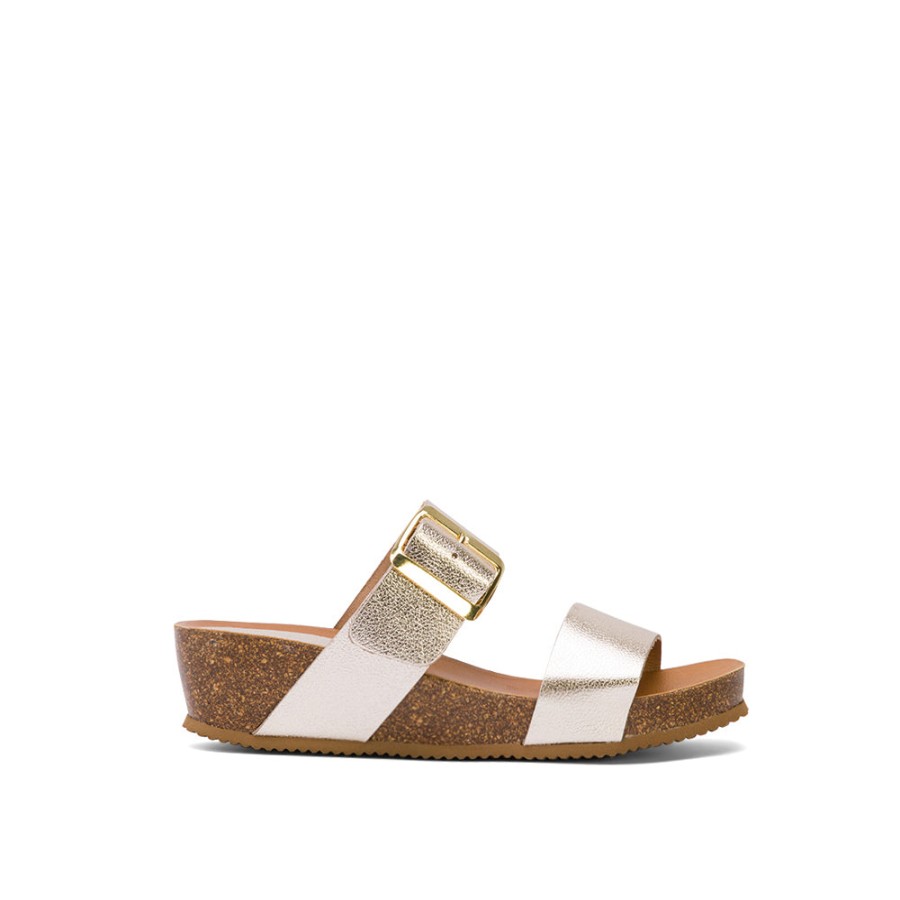 Sandals MISWEAR | Platinum Leather Wedge Mules With Buckle Strap