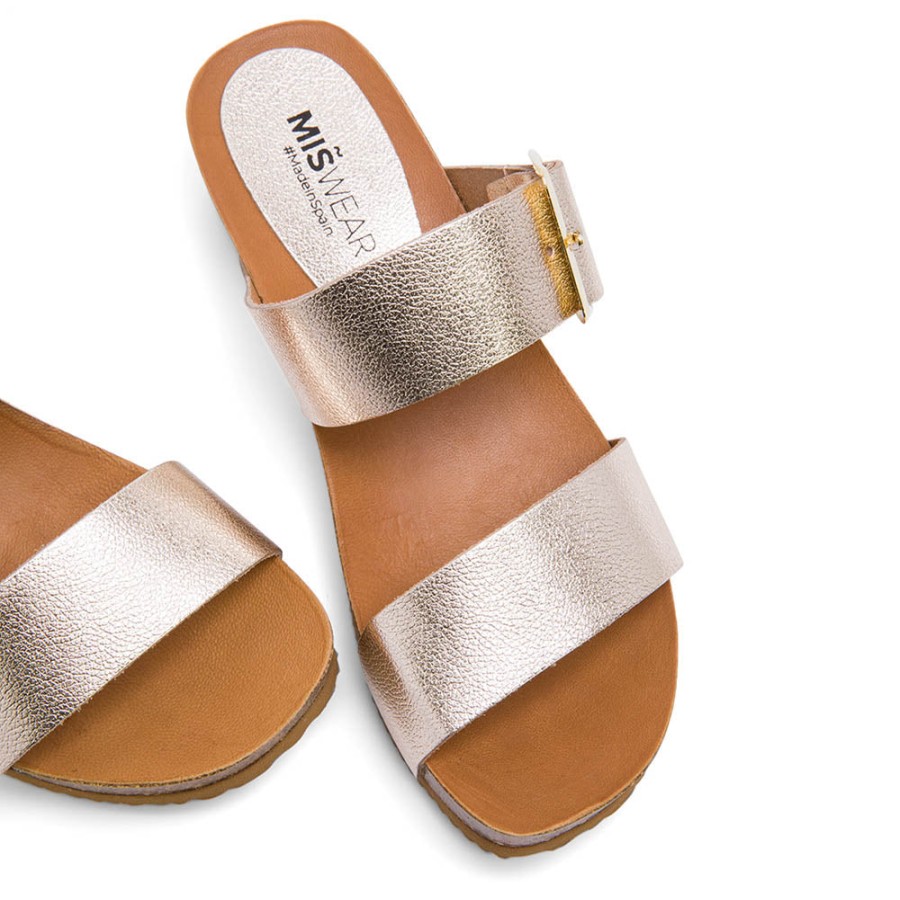 Sandals MISWEAR | Platinum Leather Wedge Mules With Buckle Strap