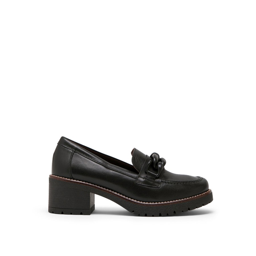 Heels PITILLOS | Black Leather Mid-Heel Loafers With Chain Detail