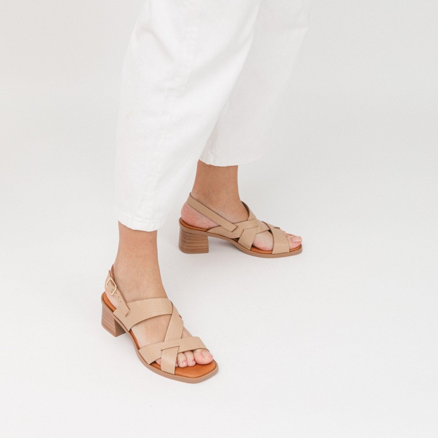 Heels MISWEAR | Beige Leather Heeled Sandals With Slingback