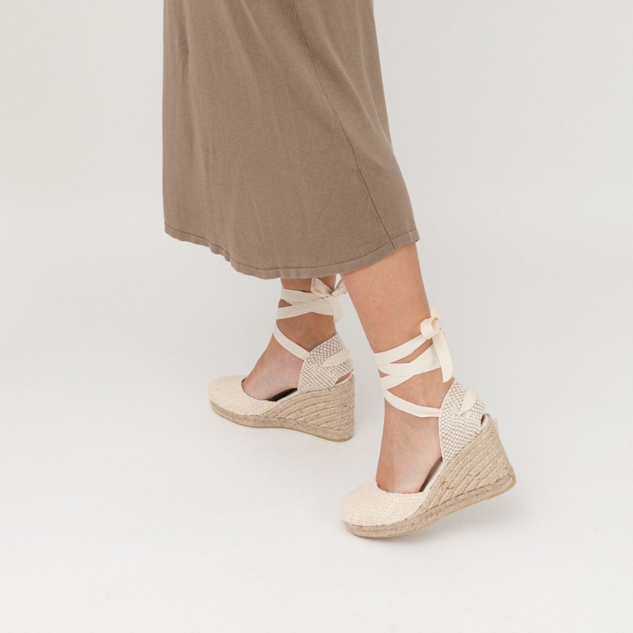 Sandals MISWEAR | White Wedge Lace-Up Espadrilles With Lace Knitting