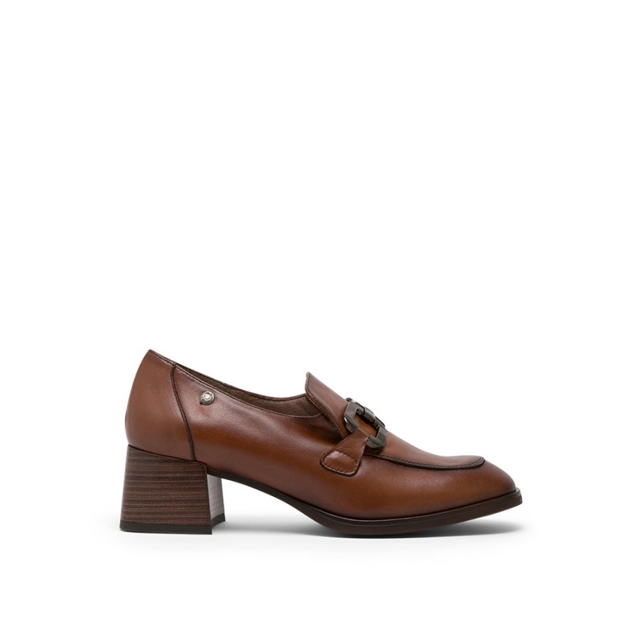 Heels MISWEAR | Brown Leather Low-Heel Loafers With Horsebit