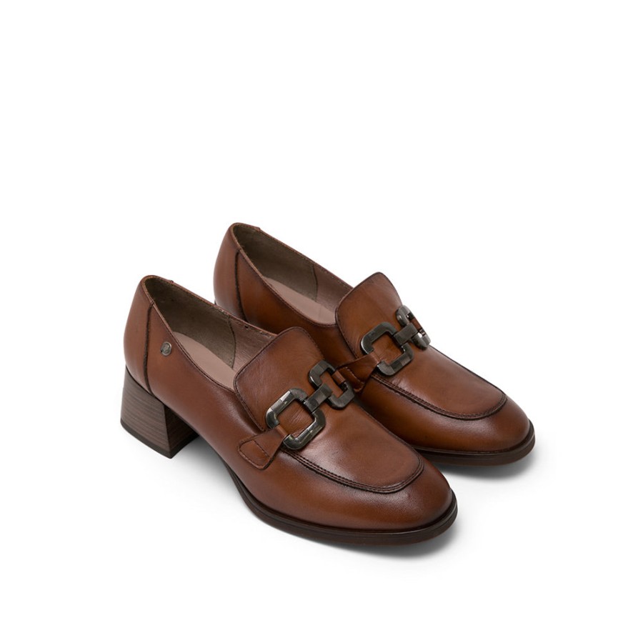 Heels MISWEAR | Brown Leather Low-Heel Loafers With Horsebit