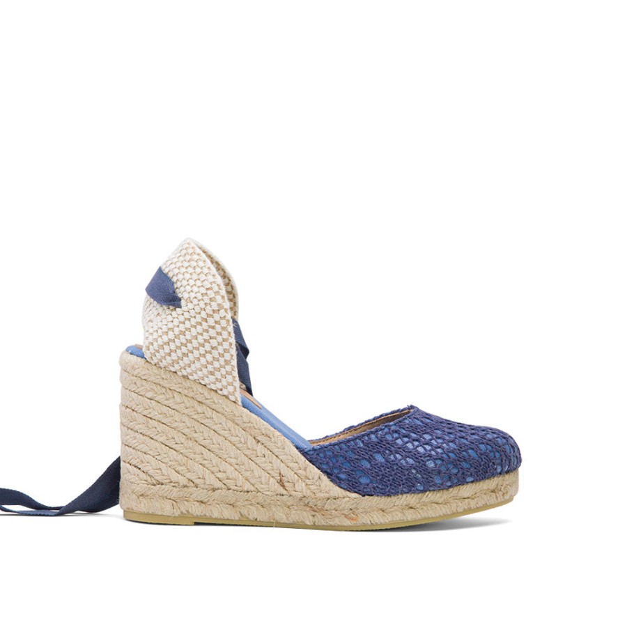 Sandals MISWEAR | Indigo Blue Wedge Lace-Up Espadrilles With Lace Knitting