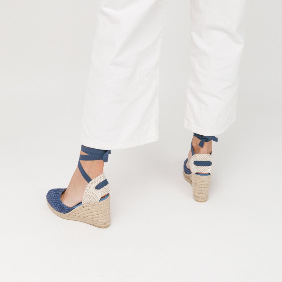 Sandals MISWEAR | Indigo Blue Wedge Lace-Up Espadrilles With Lace Knitting