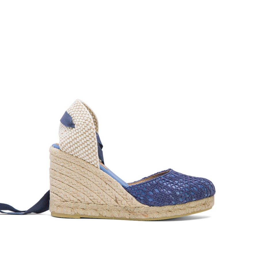 Sandals MISWEAR | Indigo Blue Wedge Lace-Up Espadrilles With Lace Knitting