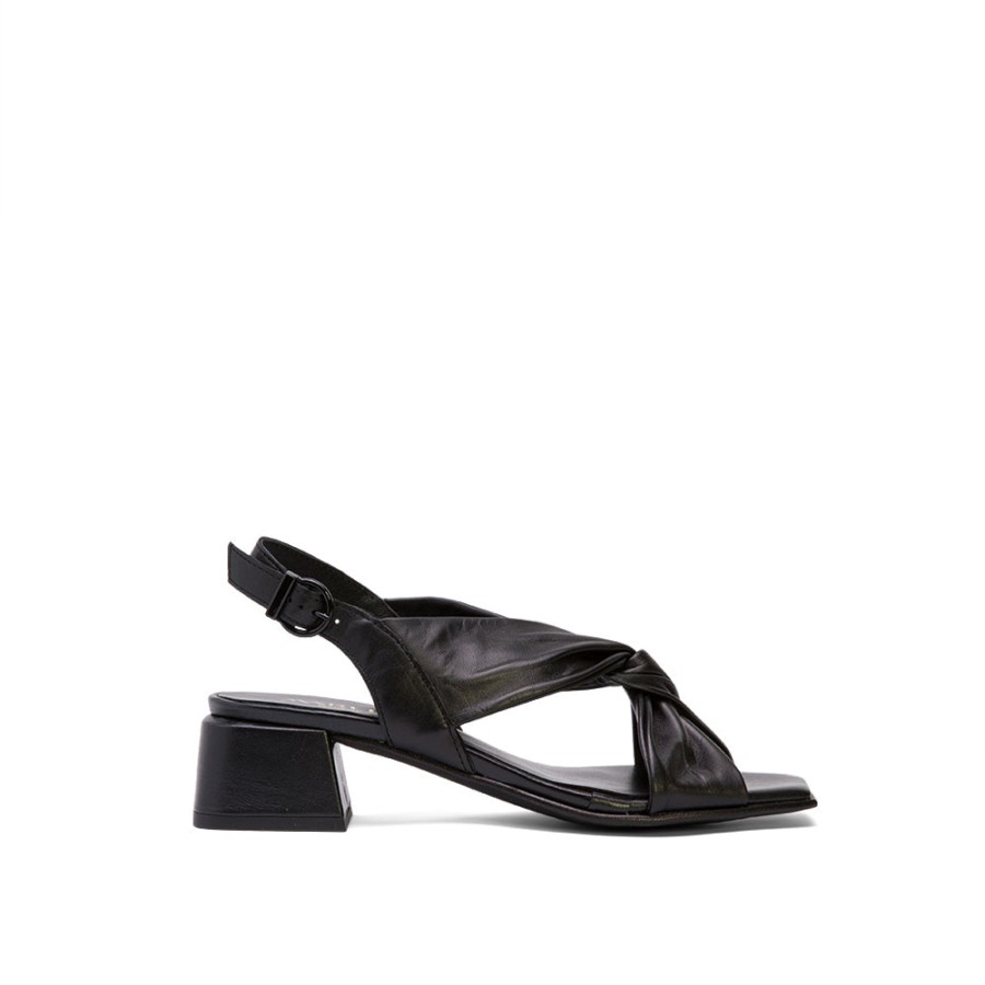 Heels MARLINNA | Black Leather Chunky Heeled Sandals With Twist Knot