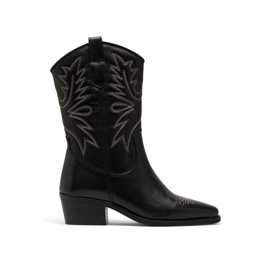 Boots LOL | Black Leather Mid-Calf Boots With Motif