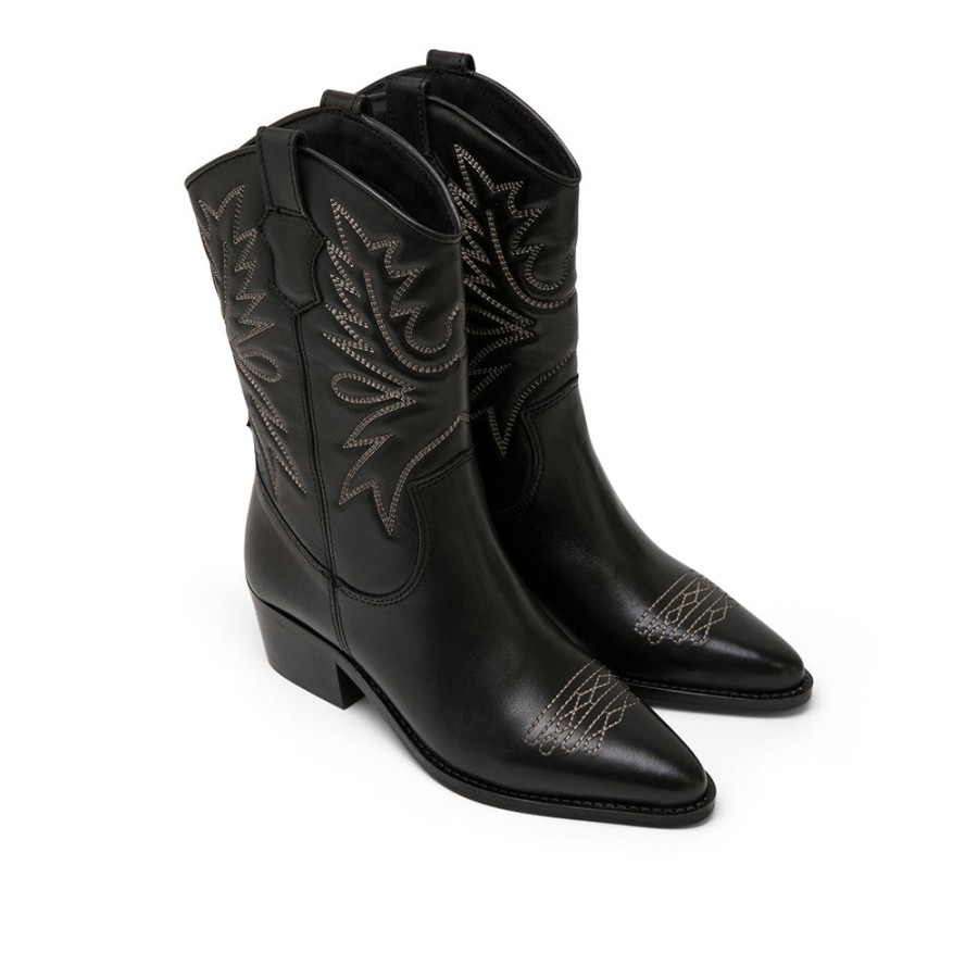 Boots LOL | Black Leather Mid-Calf Boots With Motif