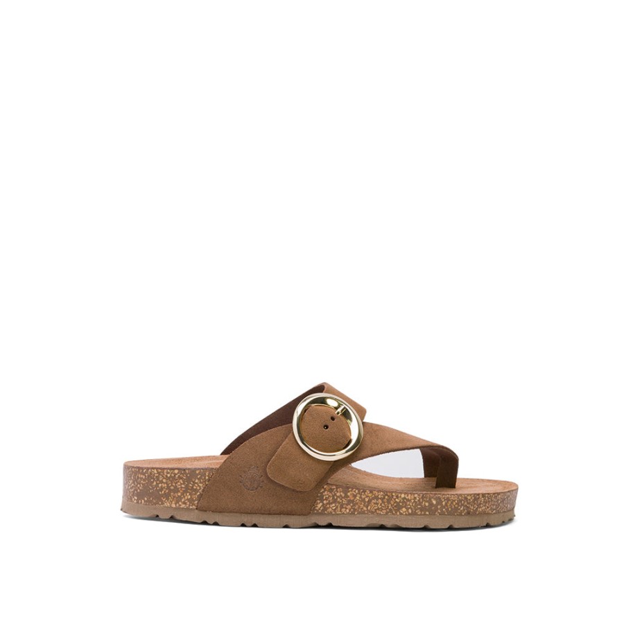 Sandals YOKONO | Tan Brown Leather Slide Sandals With Buckle Strap