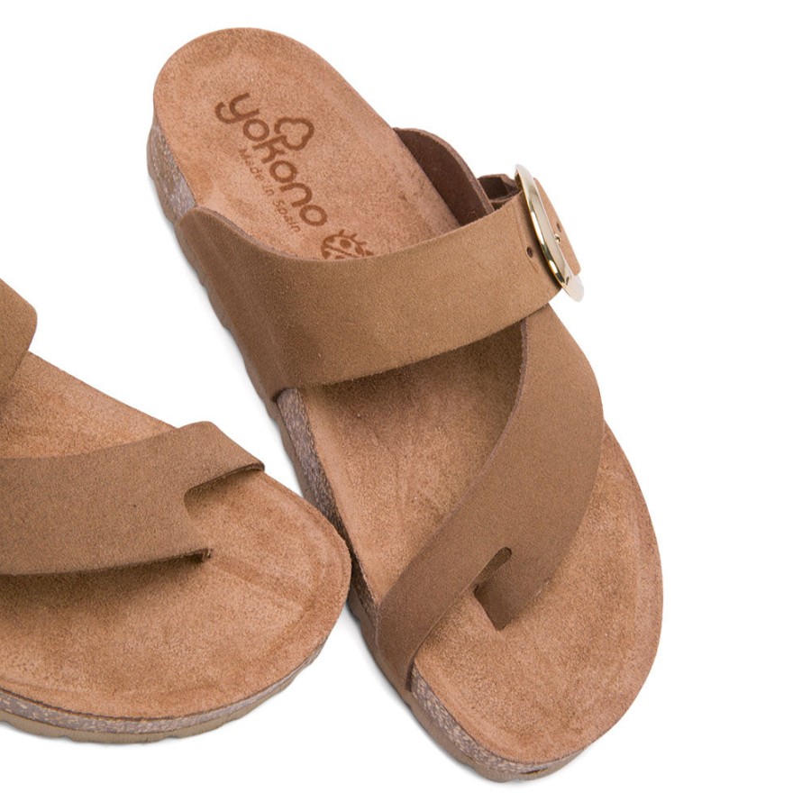 Sandals YOKONO | Tan Brown Leather Slide Sandals With Buckle Strap