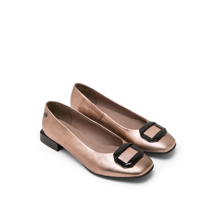 Shoes MISWEAR | Rose Gold Metallic Leather Ballerina With Block Heel