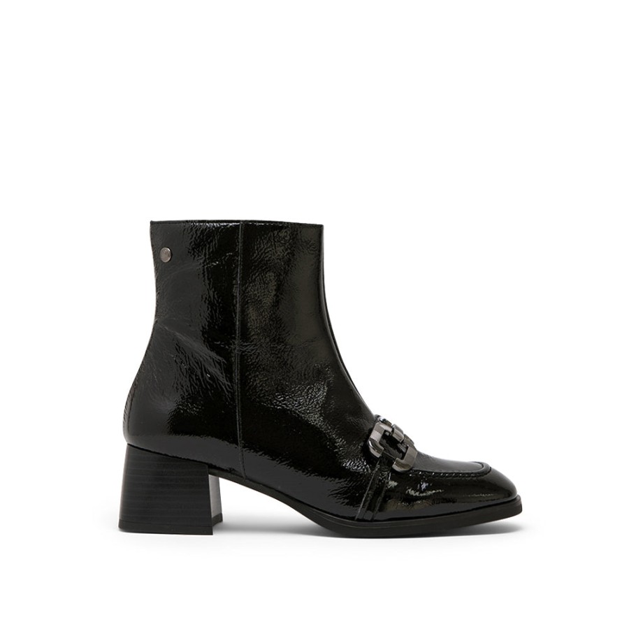 Ankle Boots MISWEAR | Black Patent Leather Mid-Heel Boots With Horsebit