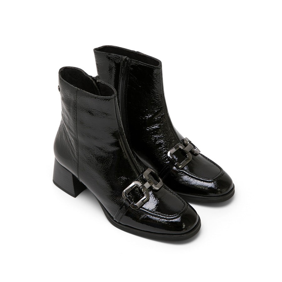 Ankle Boots MISWEAR | Black Patent Leather Mid-Heel Boots With Horsebit