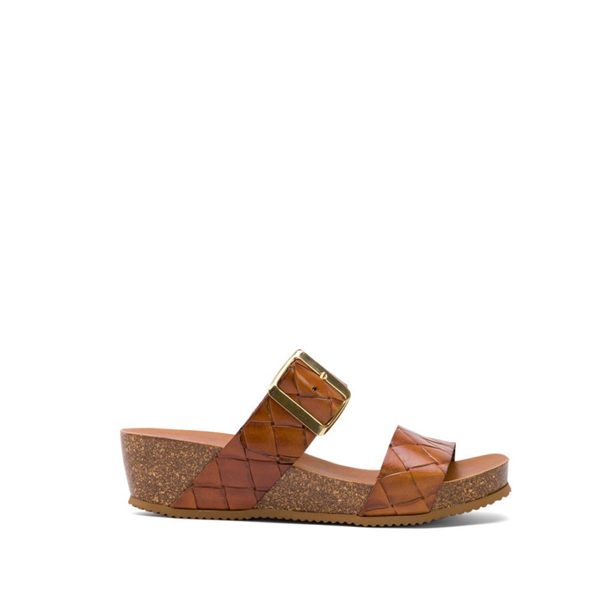 Sandals MISWEAR | Brown Leather Wedge Mules With Buckle Strap