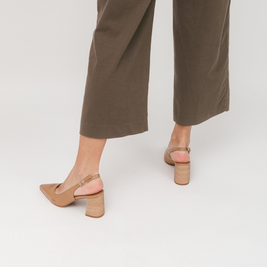 Heels DANIELA VEGA | Tan Brown Leather Slingback Pumps With Chunky Heeled