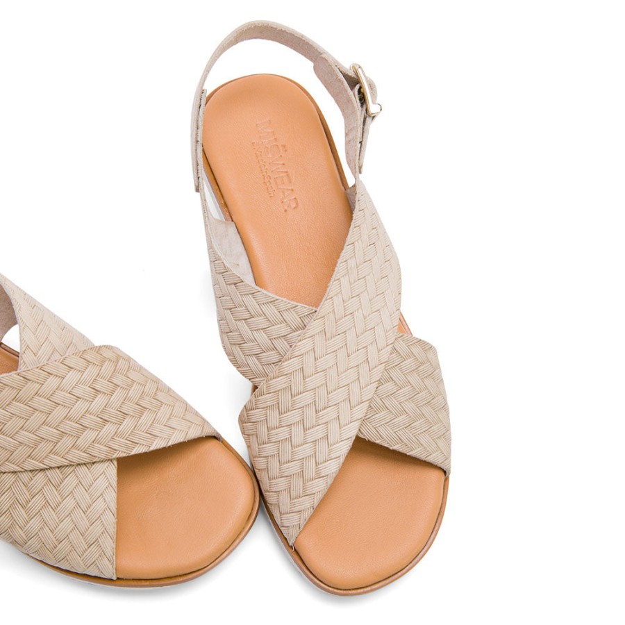 Sandals MISWEAR | White Leather Flat Sandals With Braided Embossed