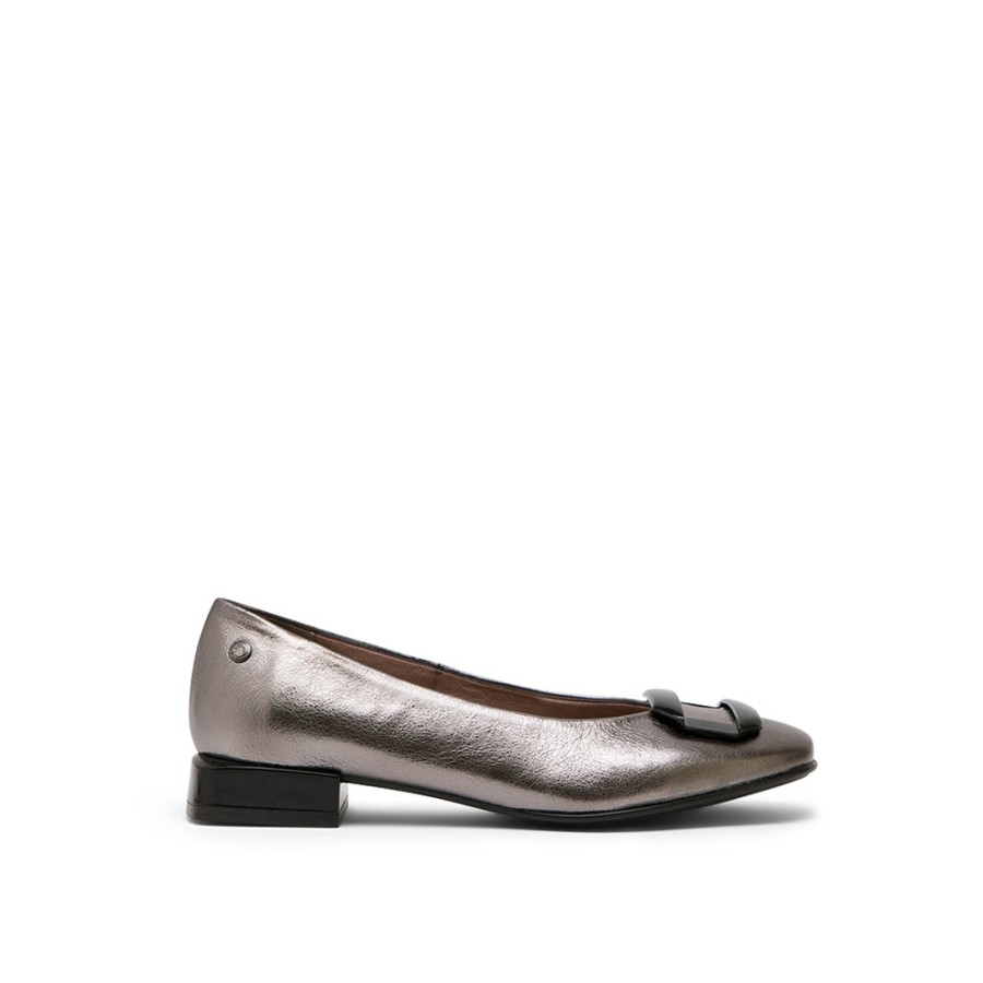 Shoes MISWEAR | Sliver Gray Leather Ballerina With Block Heel