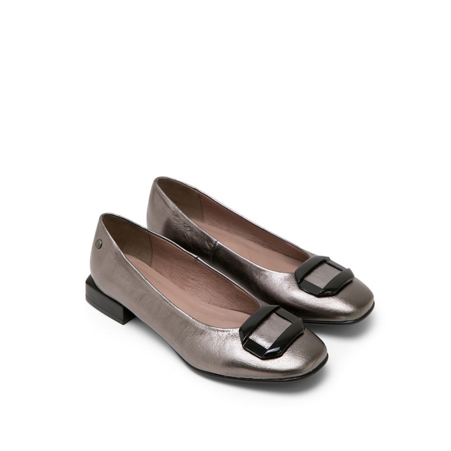 Shoes MISWEAR | Sliver Gray Leather Ballerina With Block Heel