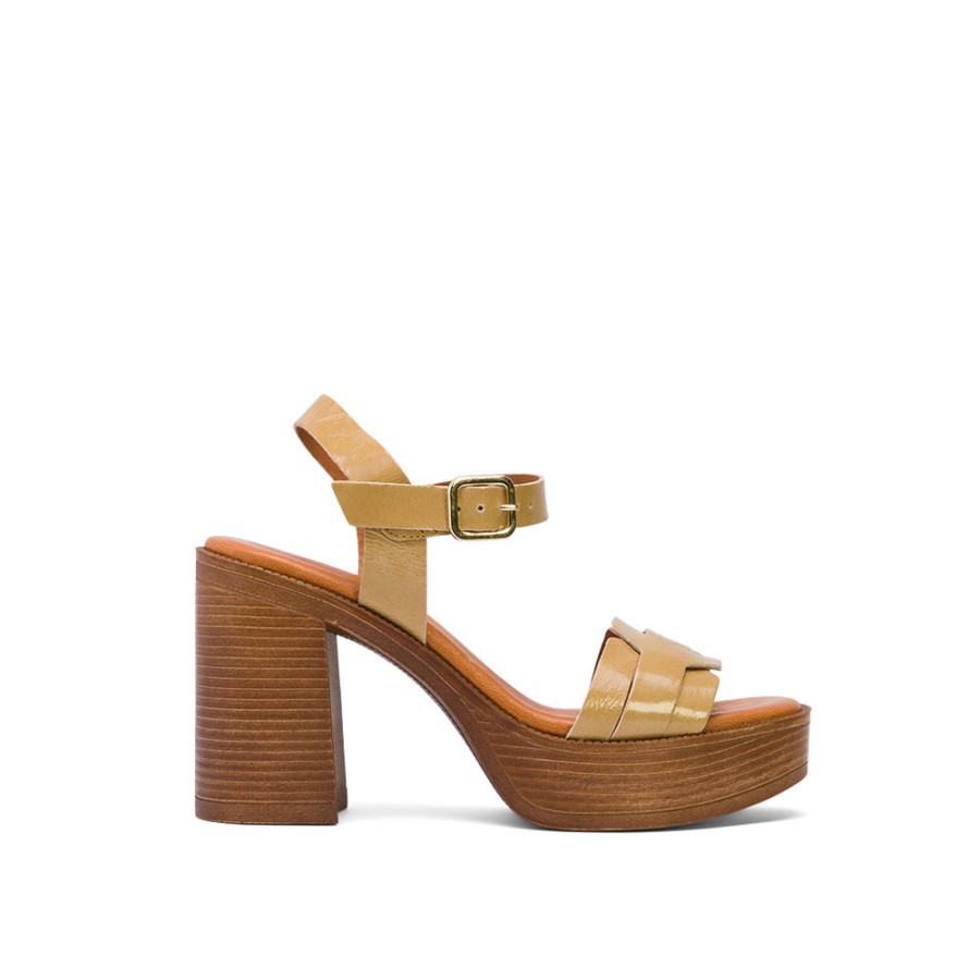 Heels MISWEAR | Tan Brown Leather Block Heel Sandals With Braided Strap