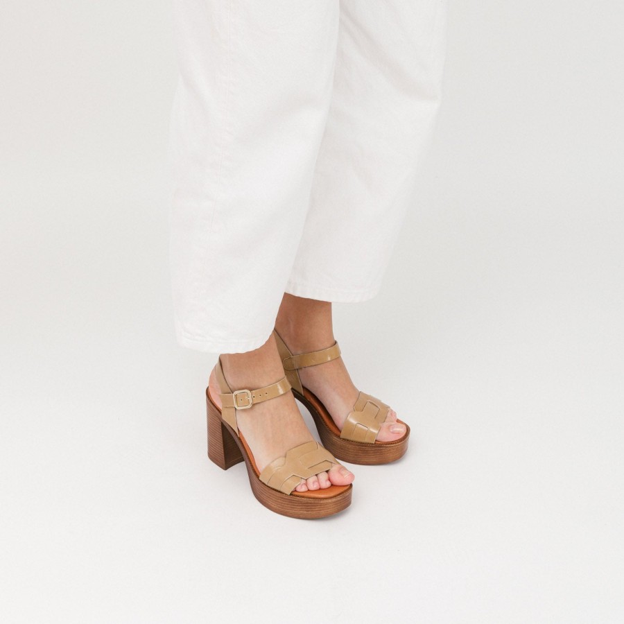 Heels MISWEAR | Tan Brown Leather Block Heel Sandals With Braided Strap