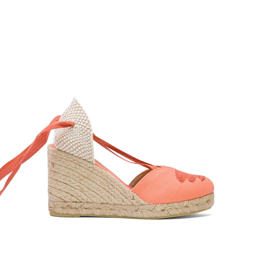 Sandals MISWEAR | Coral Orange Wedge Lace-Up Espadrilles With Shoelace Detail