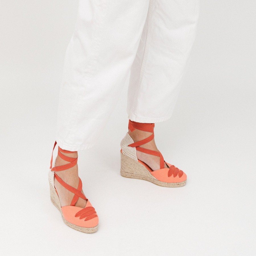 Sandals MISWEAR | Coral Orange Wedge Lace-Up Espadrilles With Shoelace Detail