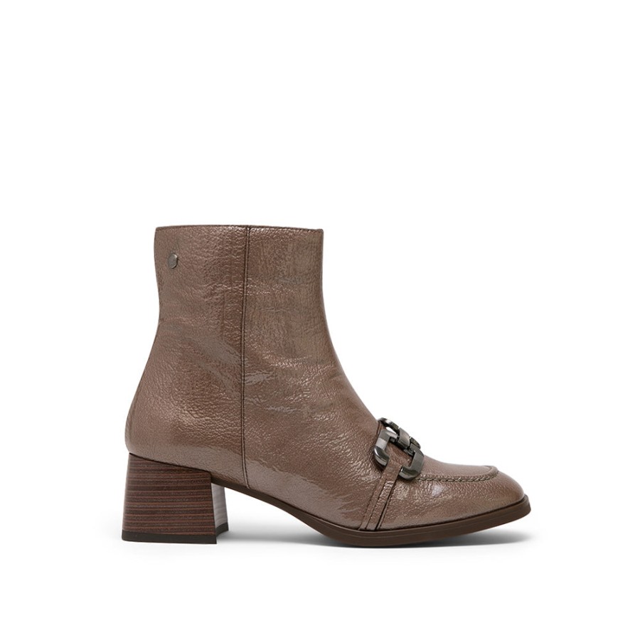 Ankle Boots MISWEAR | Light Brown Patent Leather Mid-Heel Boots With Horsebit