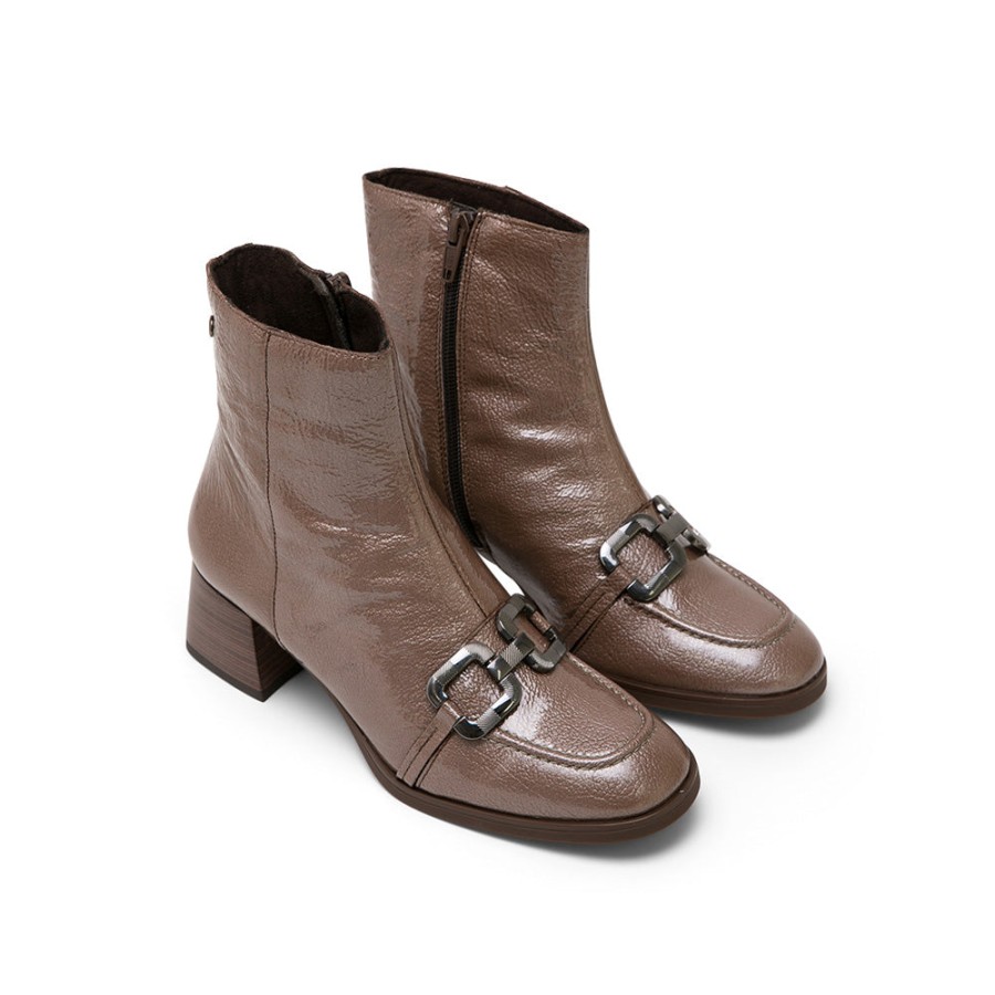 Ankle Boots MISWEAR | Light Brown Patent Leather Mid-Heel Boots With Horsebit