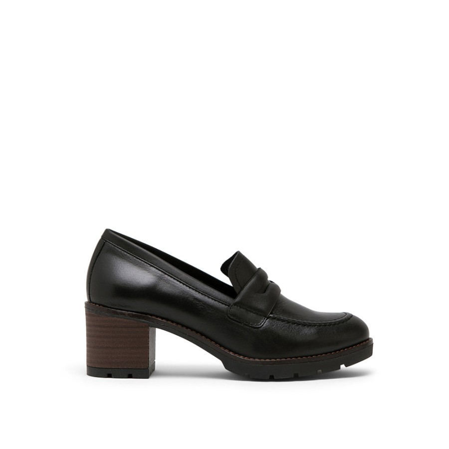 Shoes DESIREE | Black Leather Mid Heel Loafers