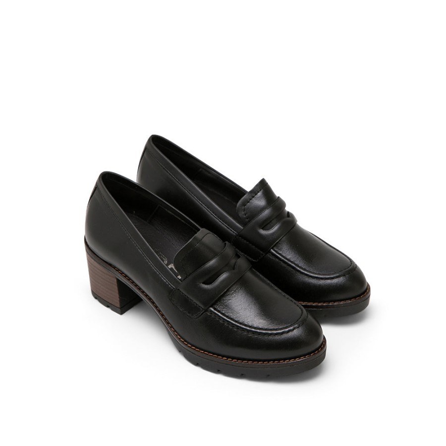 Shoes DESIREE | Black Leather Mid Heel Loafers