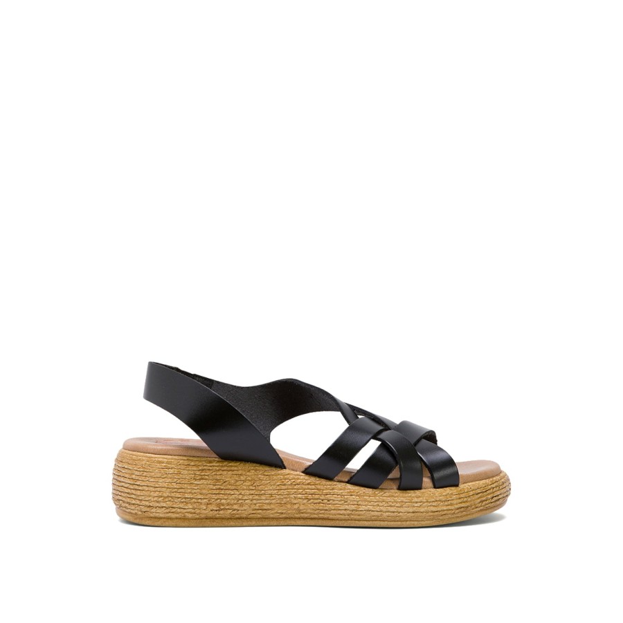 Sandals PORRONET | Black Leather Wedge With Braided Strap