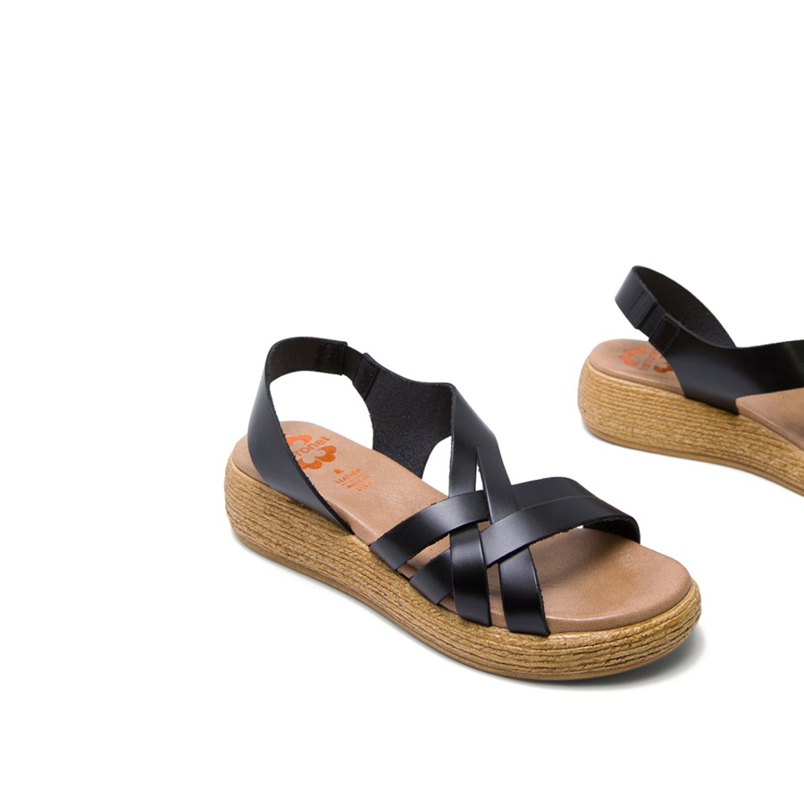 Sandals PORRONET | Black Leather Wedge With Braided Strap