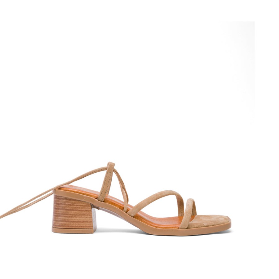 Heels MISWEAR | Tan Brown Leather Heeled Sandals With Lace-Up