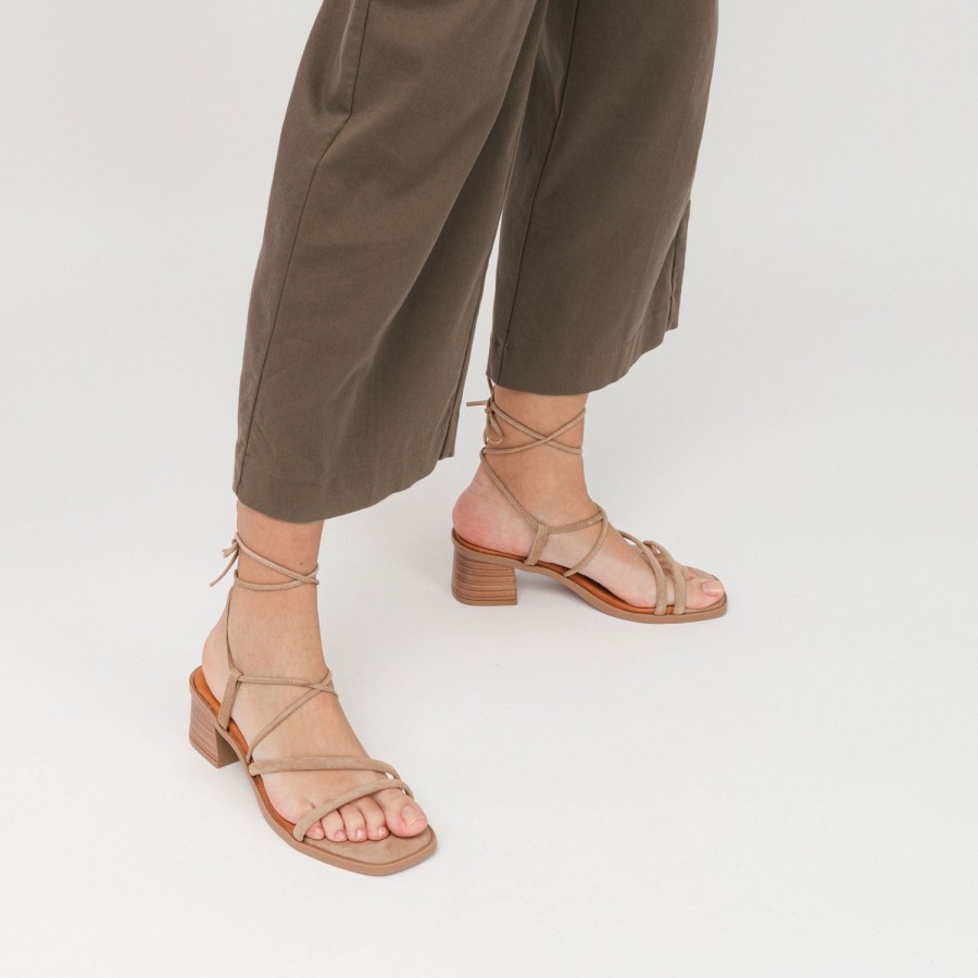 Heels MISWEAR | Tan Brown Leather Heeled Sandals With Lace-Up